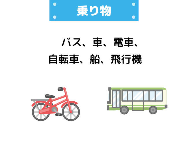 乗り物 バス、車、電車、自転車、船、飛行機